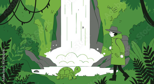 Person with backpack hiking near a waterfall with a turtle in a lush green forest
