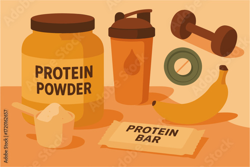 Fitness nutrition essentials with protein powder, shaker, protein bar, and fitness equipment