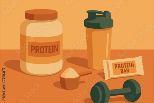 Fitness supplements and equipment in warm tones for health enthusiasts