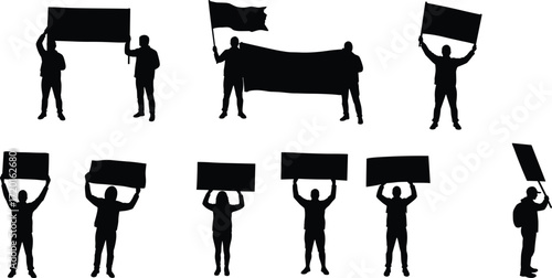 Protestor silhouettes with signs, activism art, blank banners and flags, freedom of expression illustration set