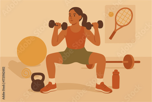 Woman exercising with dumbbells in warm toned gym setting