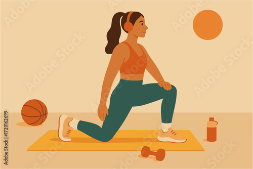 Woman exercising with yoga mat and dumbbells in warm tones