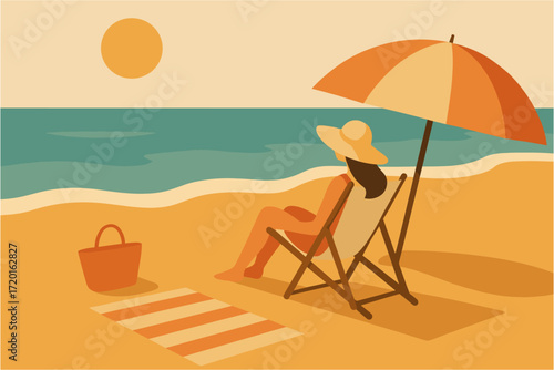 Relaxing on a beach under umbrella in minimalist style with ocean view