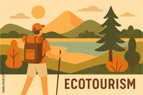 Nature adventure travel flat art of hiking through forest mountains