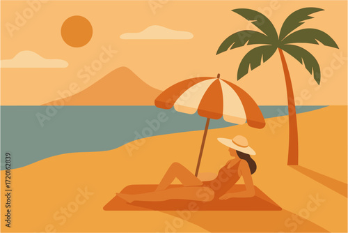 Woman relaxing under umbrella on tropical beach at sunset in minimalist style
