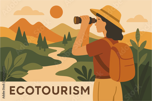 Ecotourism adventure: woman exploring nature with binoculars in serene landscape