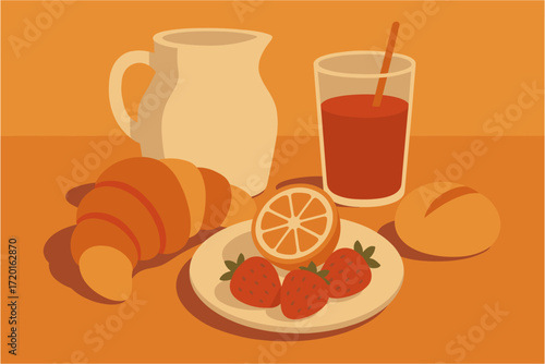Morning breakfast with juice and pastries in minimalist style