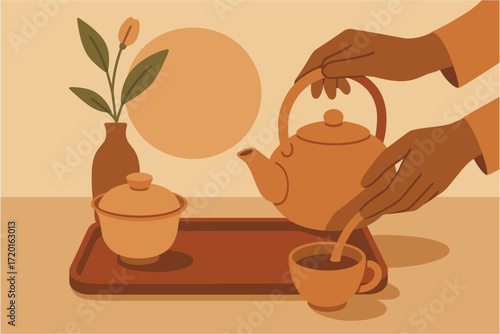 Warm tones tea ceremony with hands pouring in minimalist style