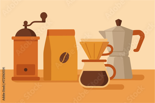 Retro coffee collection featuring grinder, drip pot, and moka pot in flat style