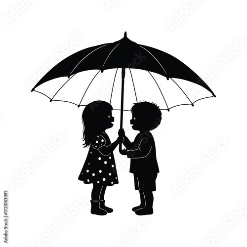 Black and white silhouette of boy and girl sharing umbrella childrens illustration friendship love rainy day