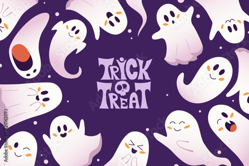 Cartoon halloween ghosts with different facial expressions surrounding trick or treat text on purple background