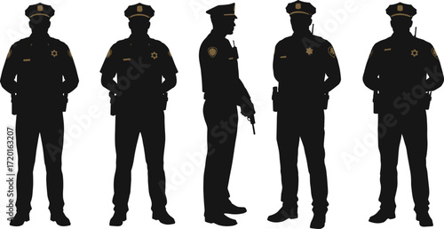 Police officer silhouettes, uniformed law enforcement poses, gold accent art, authority figure design, security illustration set