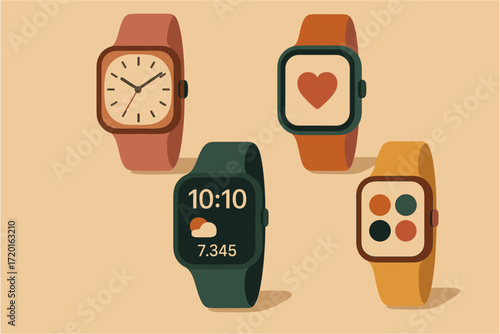 Trendy smartwatches display with colorful bands in minimalist style