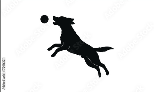 Dog jumping silhouette, catching ball, active pet motion, black vector, playful pose, agility moment, white background, fetch action, energy, leap