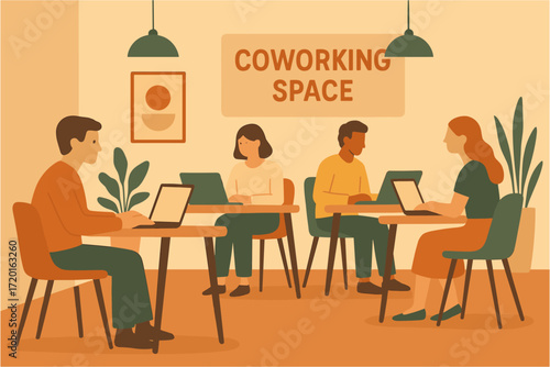Collaborative workspace interior with people using laptops in modern office setting