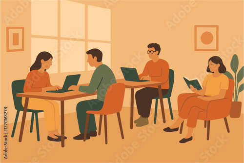 Cozy cafeteria scene with people working and reading in flat design