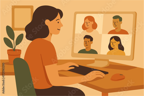 Remote team collaboration via video call in cozy home office setting