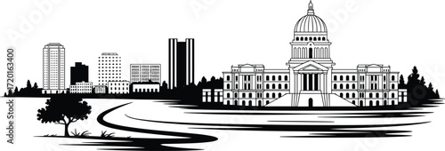 Capitol building, cityscape illustration, government architecture, classical dome, urban skyline, black and white, civic pride, public space, trees, pathway, historic landmark,