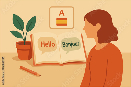 Language learning concept with book, plant, and female student in flat design