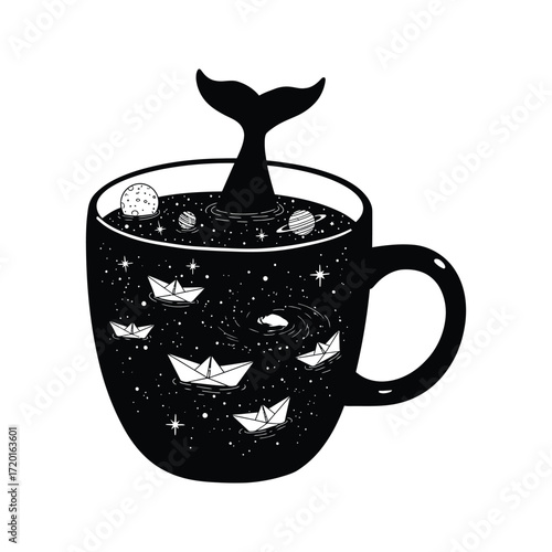 Cosmic Mug Whale Tail in Space Paper Boats Planets Stars Galaxy Art Print