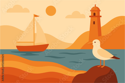 Coastal scene with sailboat, lighthouse, and seagull in warm tones