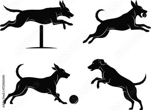 Dog silhouette, agility jump, ball play, running dog, playful pet, canine activity, black shape, vector animal, training pose, energetic motion
