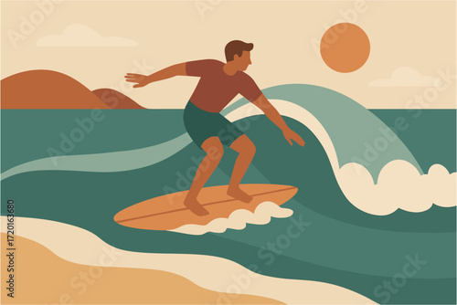Surfer rides ocean waves at sunset in minimalist beach scene