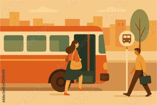 Retro urban commute scene with bus stop and passengers in warm tones