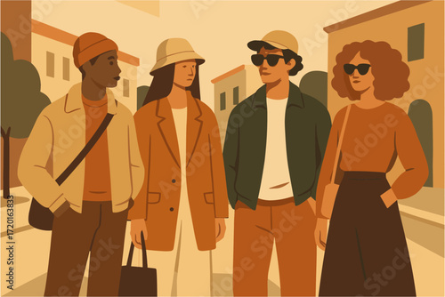 Group of friends in retro fashion on city street