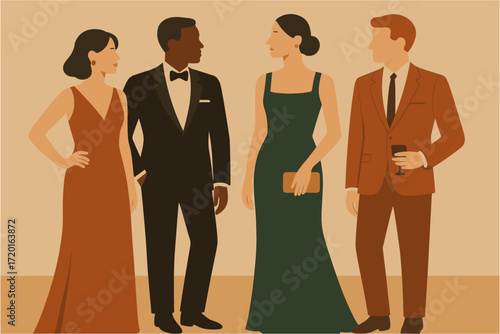 Elegant evening gathering in minimalist style with formal attire