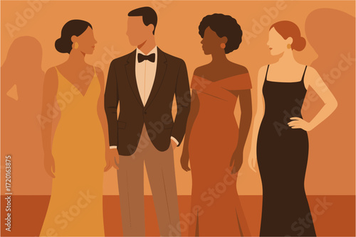 Elegant evening attire with diverse group in stylish formal wear