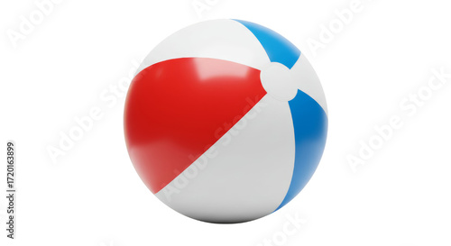 Colorful beach ball with red, blue, and white panels, isolated, transparent background, no background  