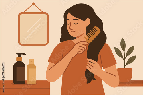 Woman combing long dark hair in cozy bathroom with mirror and haircare products
