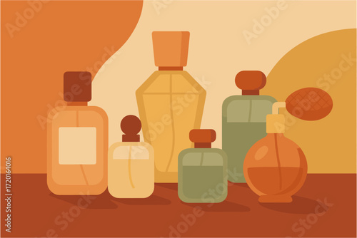 Retro style perfume bottles in warm earth tones with a flat design