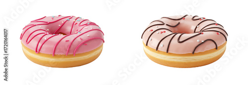 Two colorful donuts with pink icing and chocolate drizzle on white background  