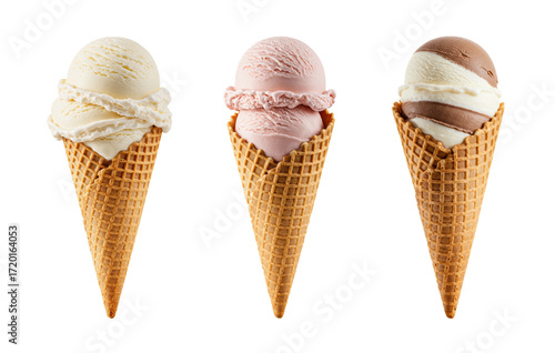 Three ice cream cones with different flavors on a white background, isolated, transparent background, no background  