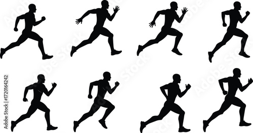 Running motion silhouettes, athletic pose sequence, human locomotion art, biomechanics illustration, dynamic movement design set
