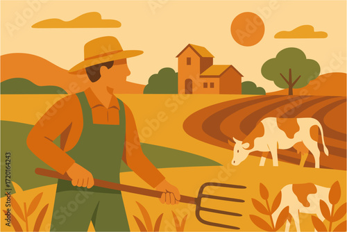 Farmer tending fields at sunset with cows nearby in rural landscape