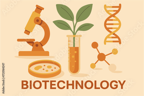 Biotechnology icons featuring microscope, dna helix, and petri dish