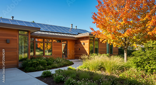 Modern wooden house with solar panels on the roof surrounded by lush autumn foliage