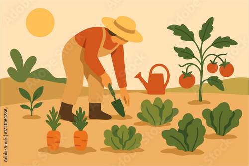 Flat design gardening scene with farmer in vegetable garden under sun