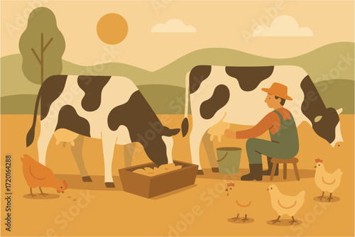 Farmer milking cows in pastoral landscape with chickens at sunrise