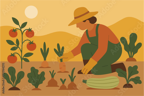 Flat design farmer planting vegetables in a sunny garden scene