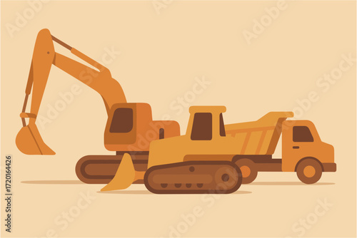 Industrial construction machinery in minimalist flat design featuring excavator and dump truck