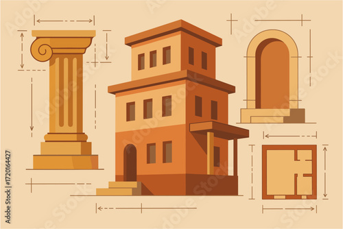 Flat architectural design with classic column and building layout on beige background