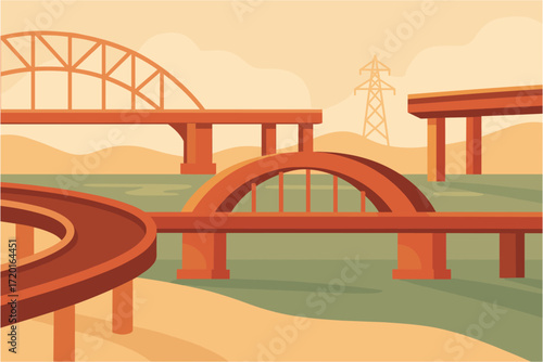 Urban landscape with bridges and power line in minimalist style