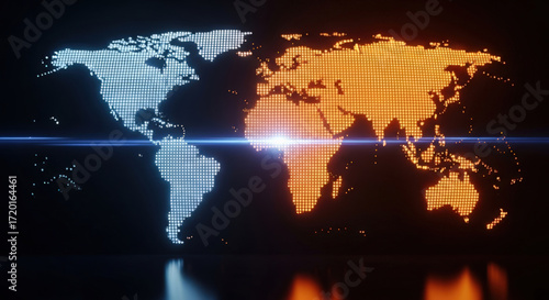 Glowing World Map with Global Connections and Light Beam.