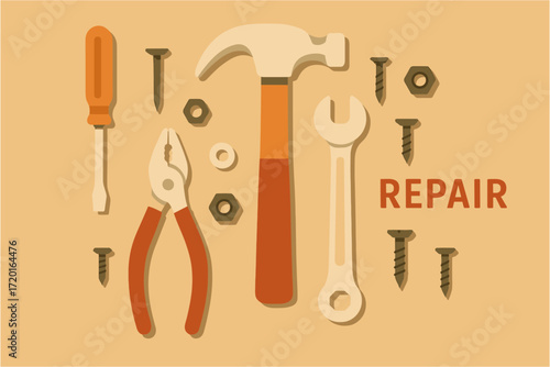 Repair tools flat design: hammer, pliers, wrench, and screws for home improvement