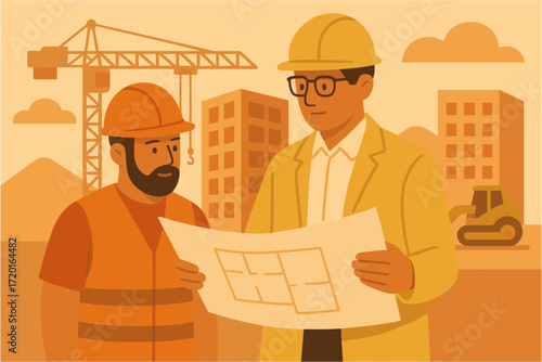 Construction planning scene with architects and engineers on site
