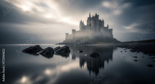 A majestic castle stands sentinel on a misty shore, its reflection mirroring the tranquil, gray tones of the water.
